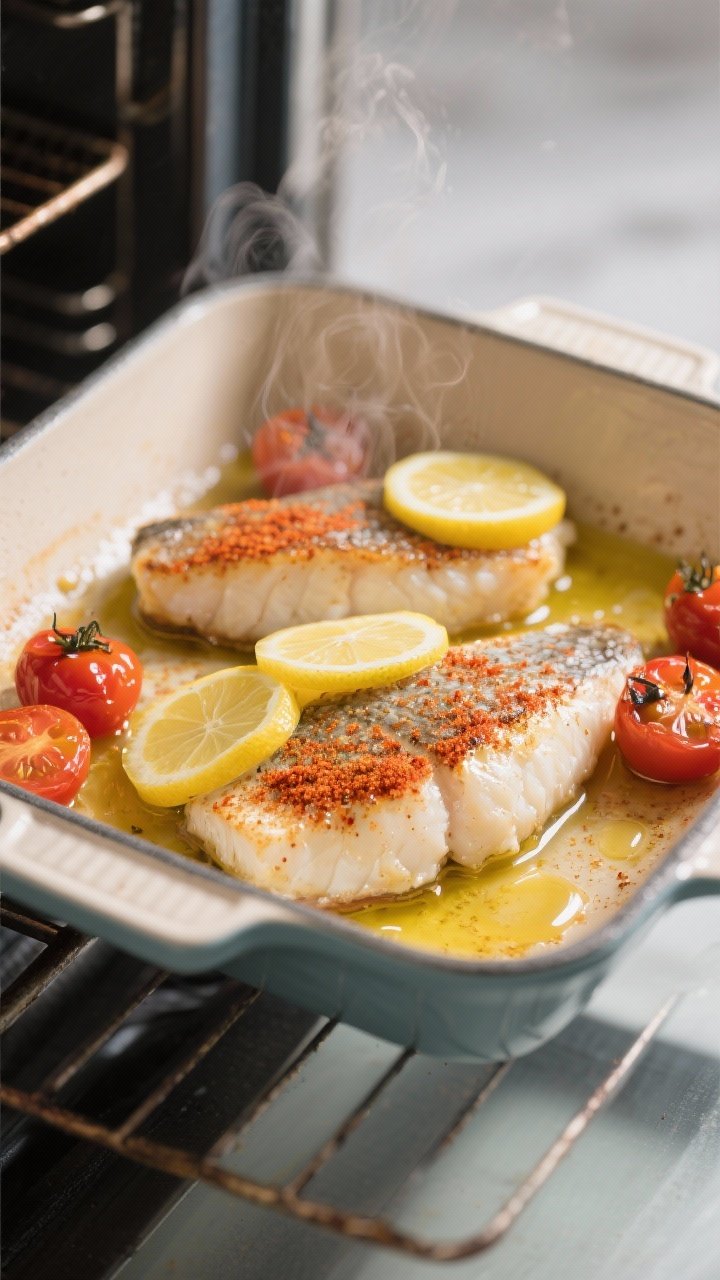 Cooking process: Cod fillets baking at 400°F in a lightly greased enamel pan, even brush of melted