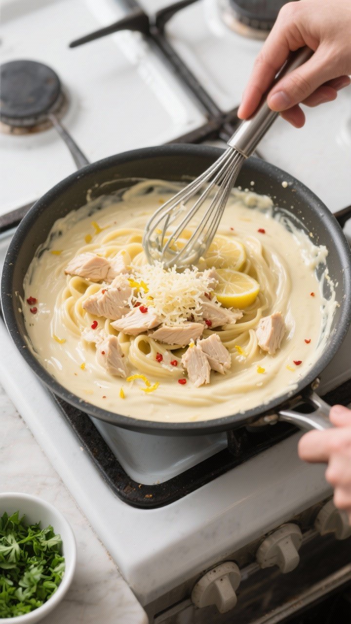 Cooking process: Overhead shot of alfredo sauce being finished in a skillet—smooth, glossy cream b
