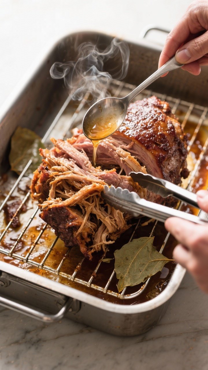 Cooking process: Overhead shot of the slow-roasted pork shoulder on a rack in a roasting pan at the 