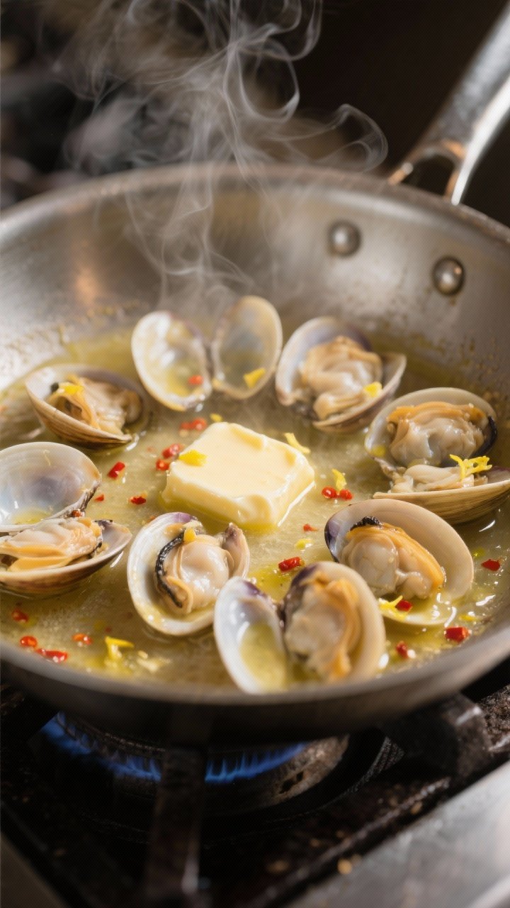 Cooking process shot: clams steaming in a wide pan after a white wine deglaze, most shells popped op