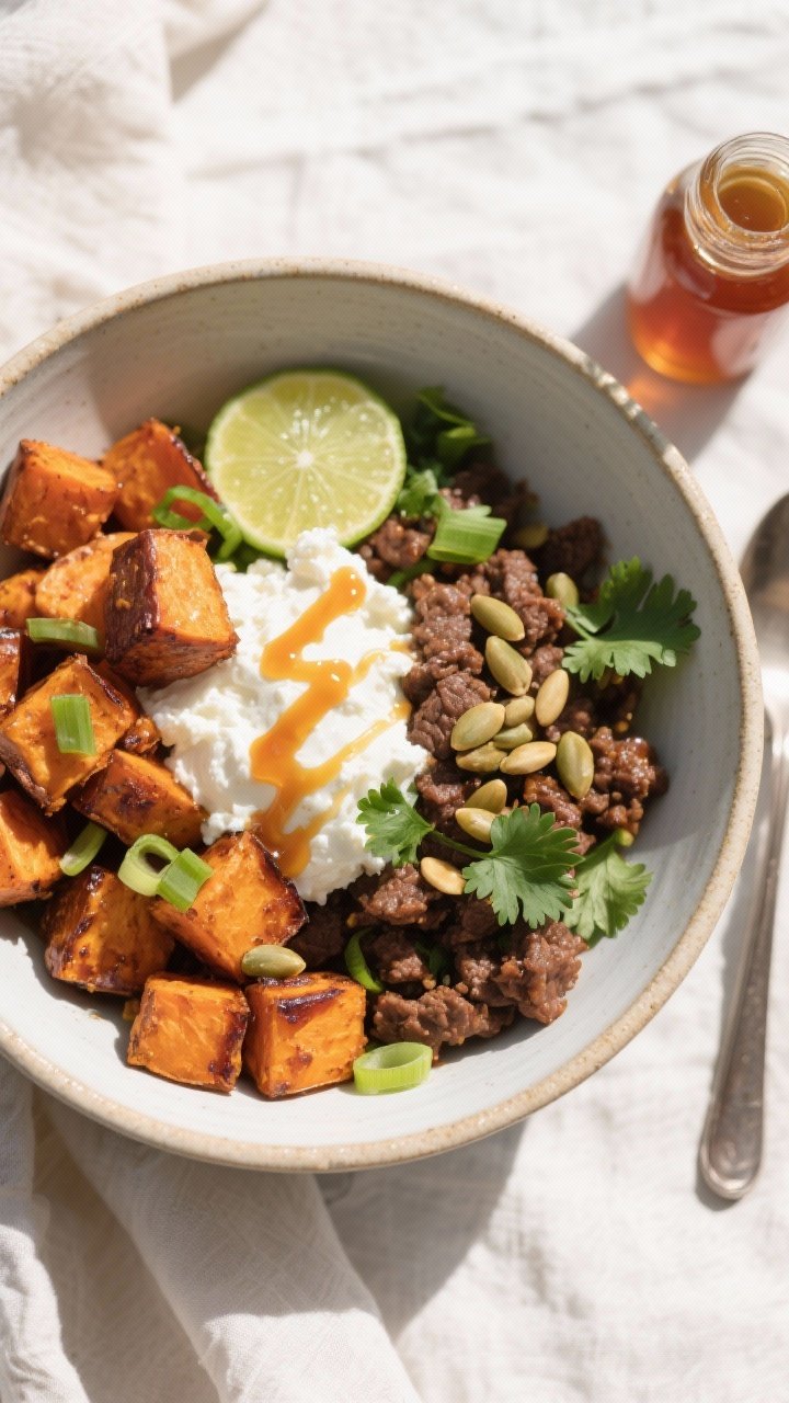 Final bowl overhead: Hot Honey Cottage Cheese Sweet Potato Beef Bowl artfully assembled in a wide, s