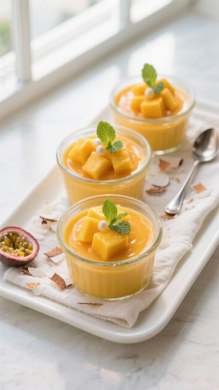 Final dish overhead: Elegant mango pudding set in small glass ramekins, vibrant golden-orange surfac