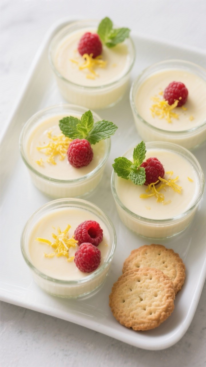 Final dish overhead: Four petite glass ramekins of chilled lemon posset with a perfectly smooth, sat