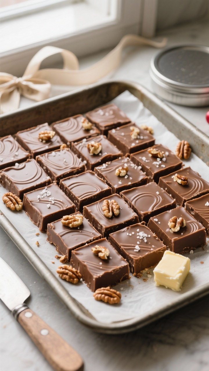Final dish overhead: Neatly sliced squares of Original Fantasy Fudge arranged in a tight grid on par