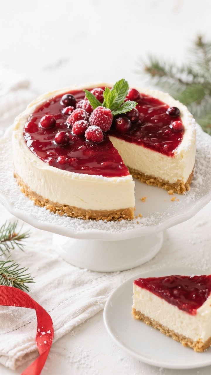 Final dish, overhead top view: Overhead shot of the fully chilled Classic Christmas Cheesecake on a 