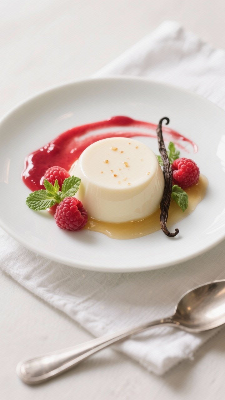 Final dish overhead: Unmolded vanilla bean panna cotta with a perfect delicate wobble, plated on a m