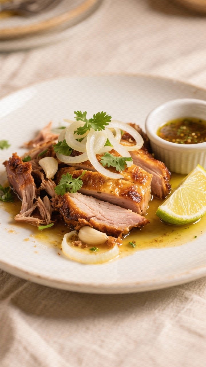 Final dish presentation: Beautifully plated Puerto Rican pernil slices and shredded pieces arranged 