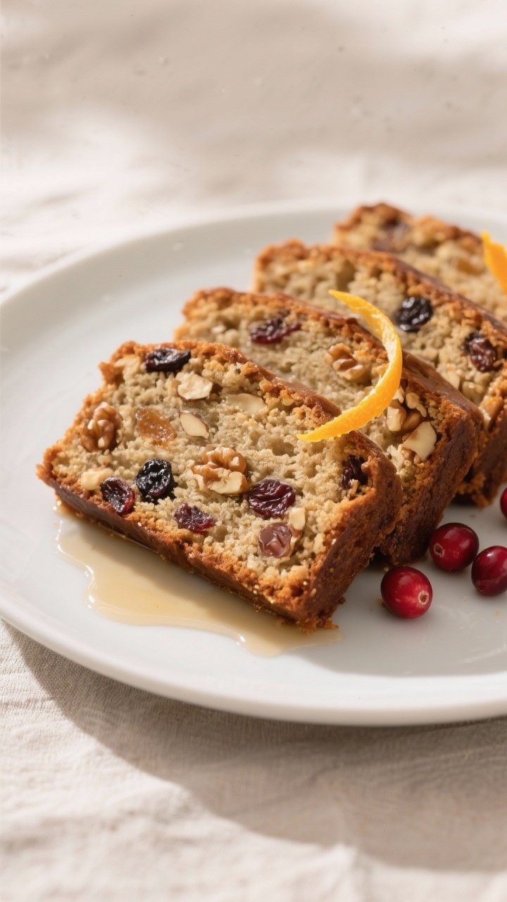 Final dish presentation: Beautifully plated slices of classic fruitcake arranged in a slight fan on 