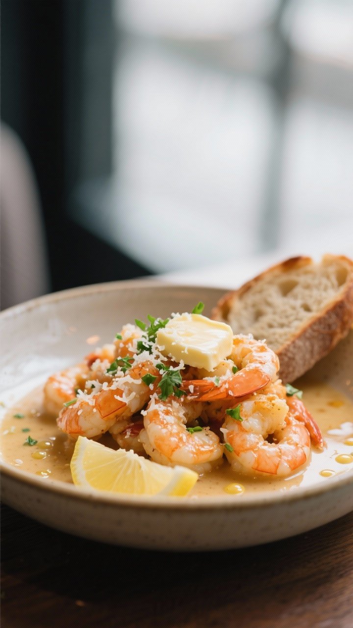 Final dish presentation: Restaurant-quality plate of shrimp scampi piled in a shallow ceramic bowl, 