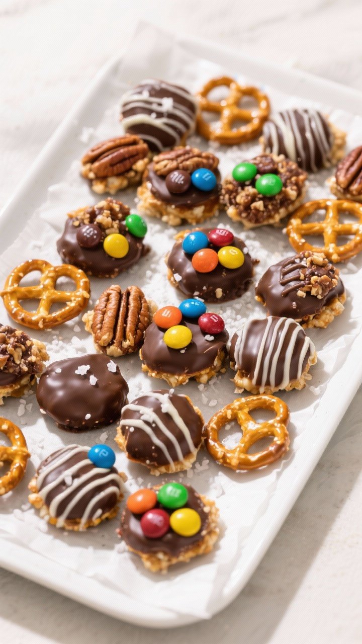 Final dish, tasty top view: Overhead shot of an assorted platter of finished Rolo Pretzel Treats—m