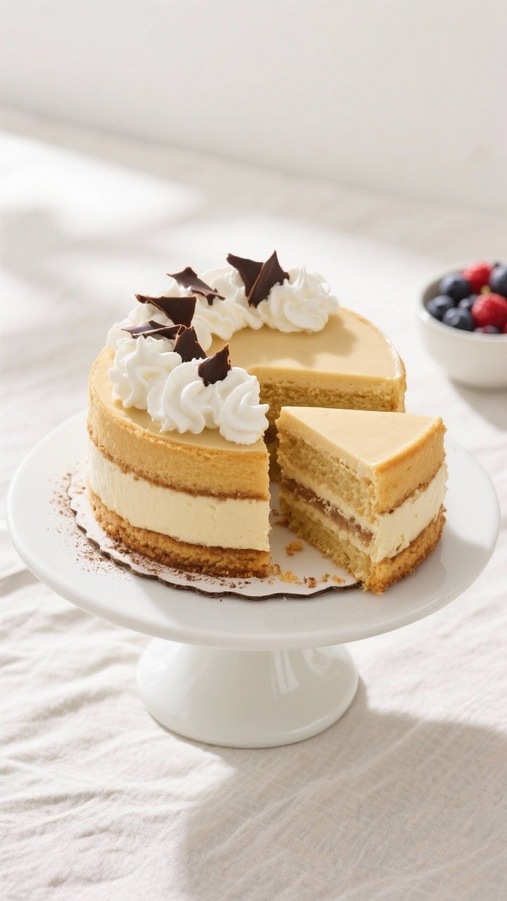Final dish/top view: Overhead shot of a neatly sliced pudding layer cake on a white cake stand—gol