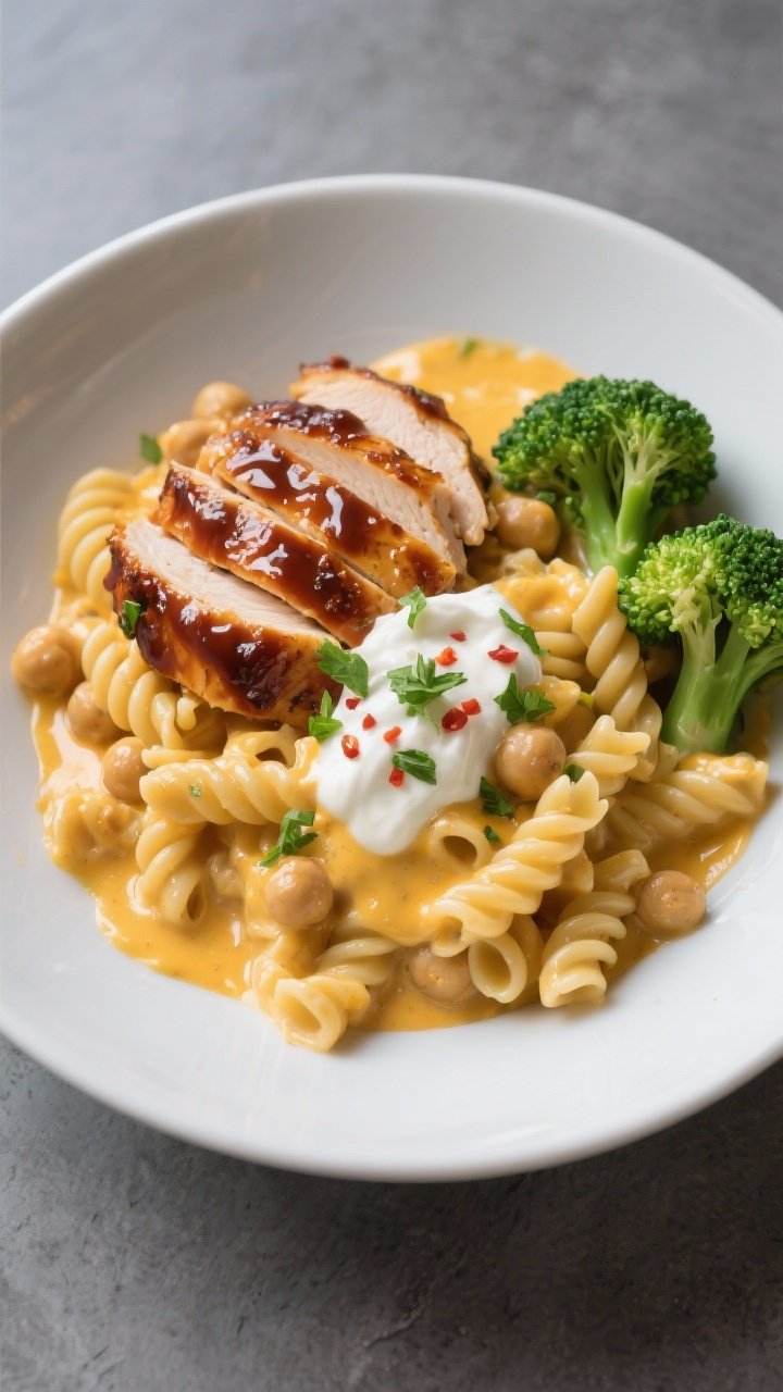 Final plated overhead: Tasty of a bowl of high-protein mac and cheese made with chickpea pasta, coat