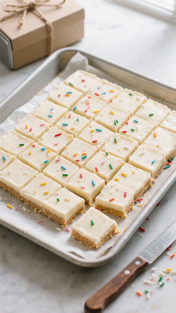 Final presentation top view: An overhead shot of a neatly sliced slab of sugar cookie fudge cut into