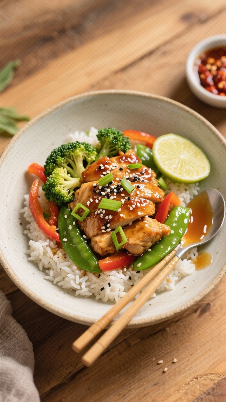 Overhead final bowl presentation: Honey Garlic Chicken Bowl assembled over fluffy jasmine rice, topp