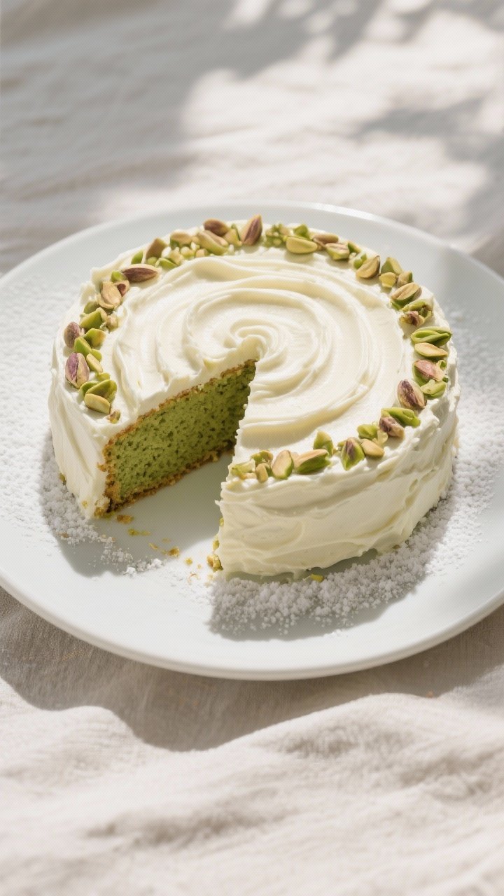 Overhead final presentation of a 9-inch round pistachio cake generously frosted with silky cream che