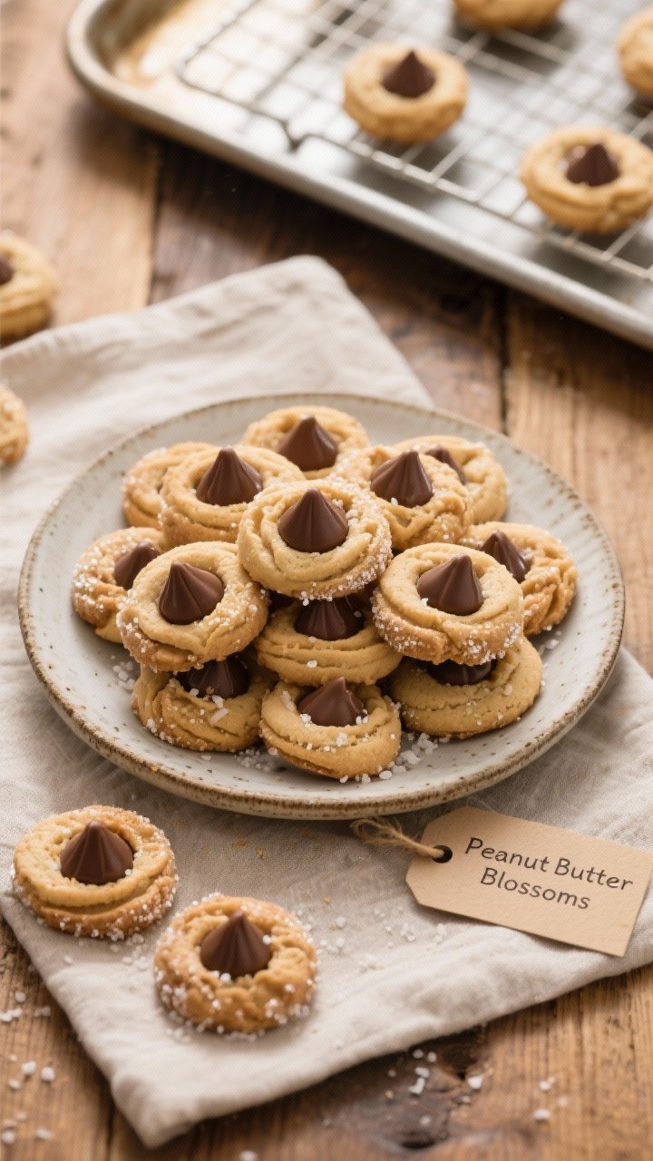 Overhead final presentation of a cookie tray ready for gifting: a rustic ceramic plate piled with pe