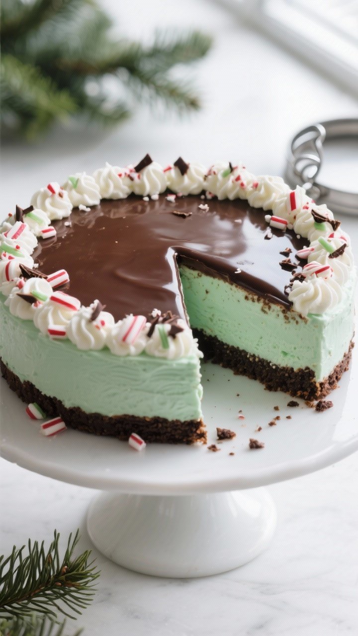 Overhead final presentation of a full peppermint cheesecake on a matte white cake stand: glossy set 