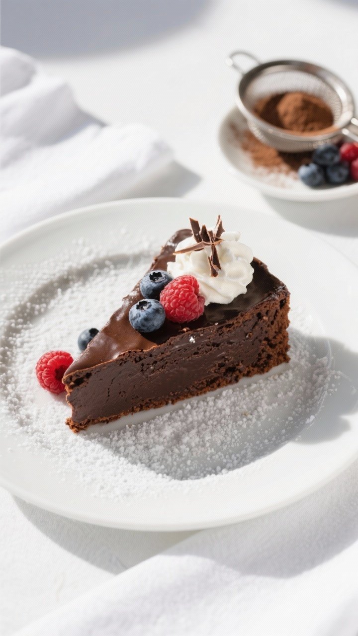 Overhead final presentation of a single slice of flourless chocolate cake on a white porcelain plate