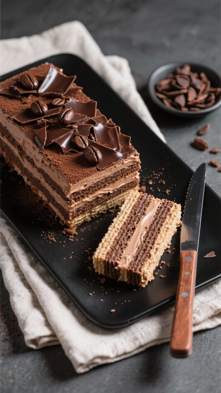 Overhead final presentation of a sliced mocha chocolate icebox cake on a matte black rectangular pla