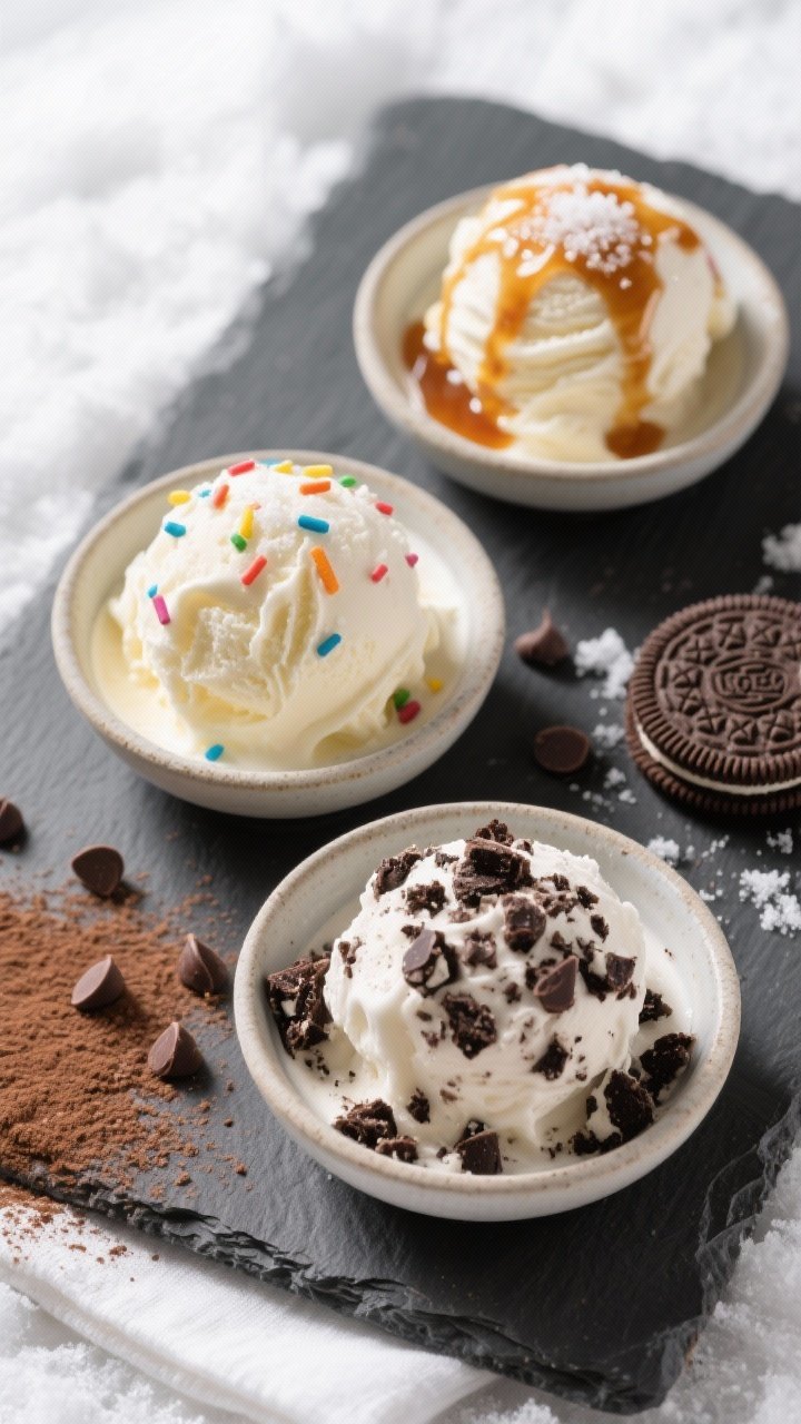 Overhead final presentation of three small bowls of snow ice cream in a cozy winter palette: one cla