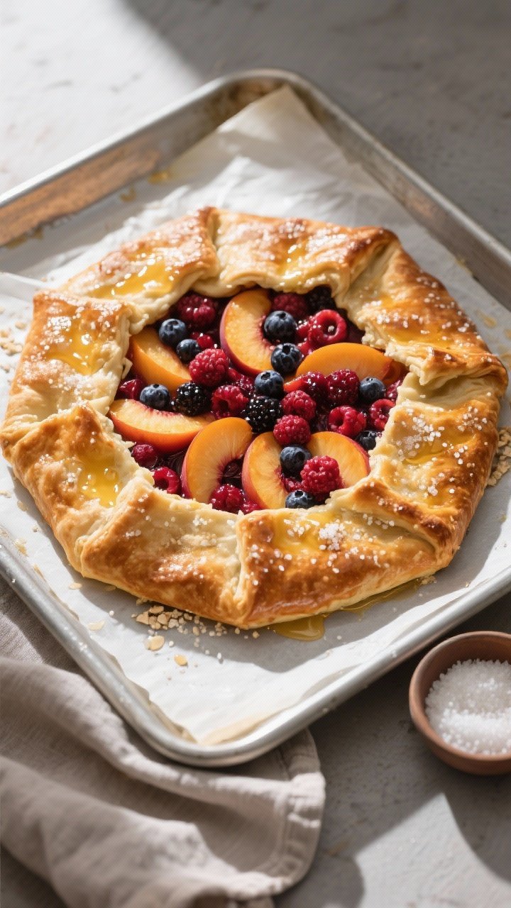 Overhead shot of a freshly baked mixed-berry and peach galette on parchment-lined metal baking sheet