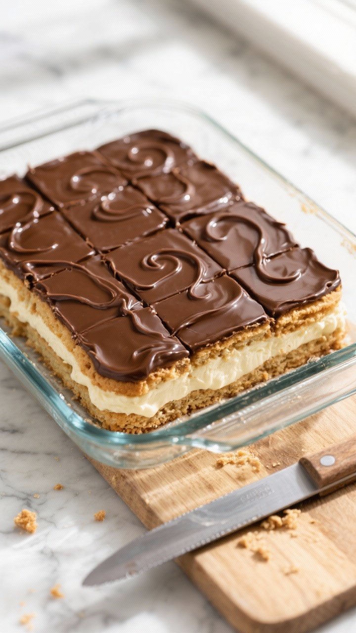 Overhead shot of a freshly chilled eclair cake in a 9x13 glass dish, cleanly sliced into even square