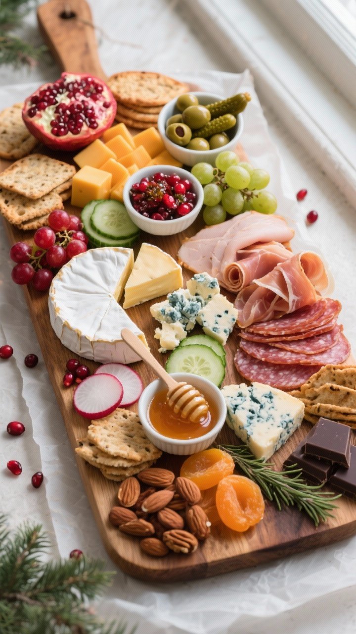 Overhead shot of a fully assembled Christmas hors d’oeuvres platter on a large wooden board: brie