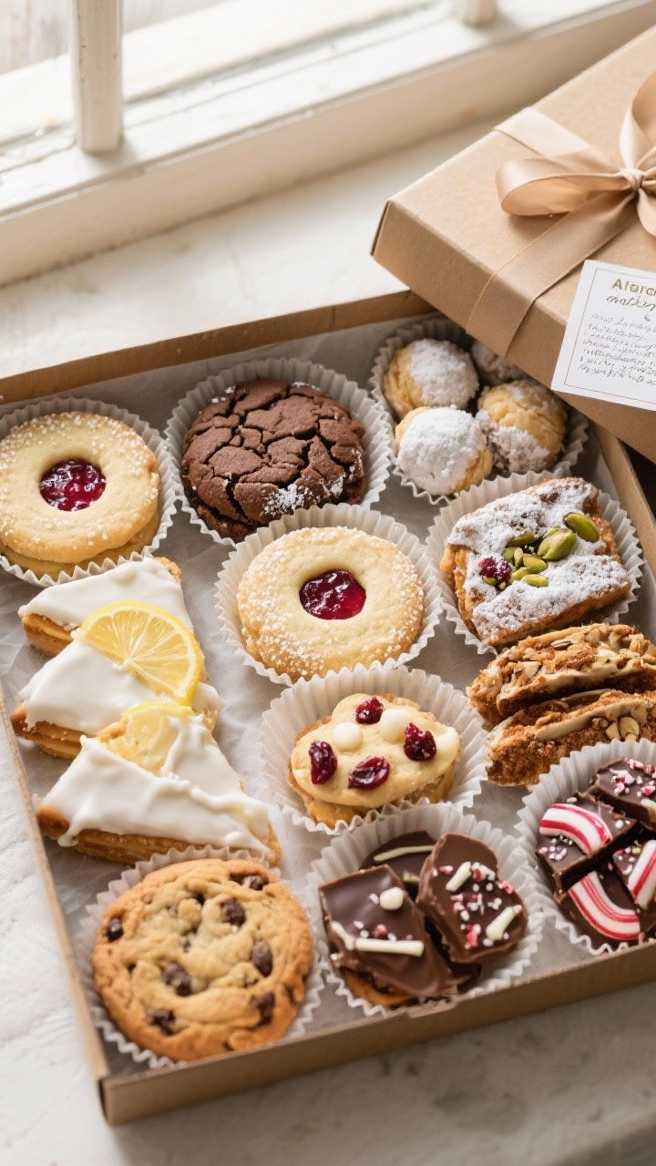 Overhead shot of an assembled Christmas cookie gift box lined with parchment, neatly clustered group