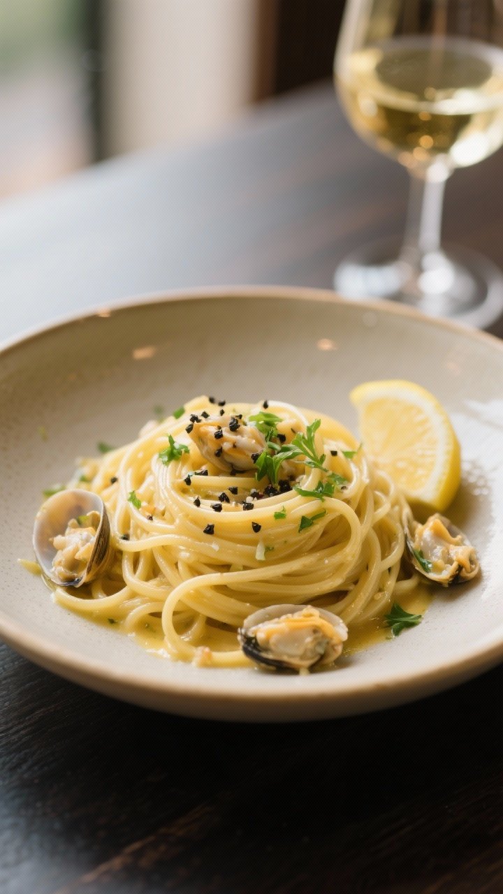 Restaurant-quality final plate: a shallow ceramic bowl with a single elegant portion of linguine, sa