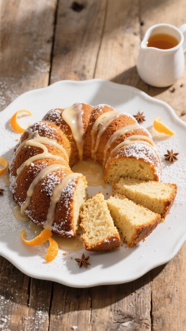 Tasty top view, final presentation: Overhead shot of a fully cooled sherry bundt cake generously dri