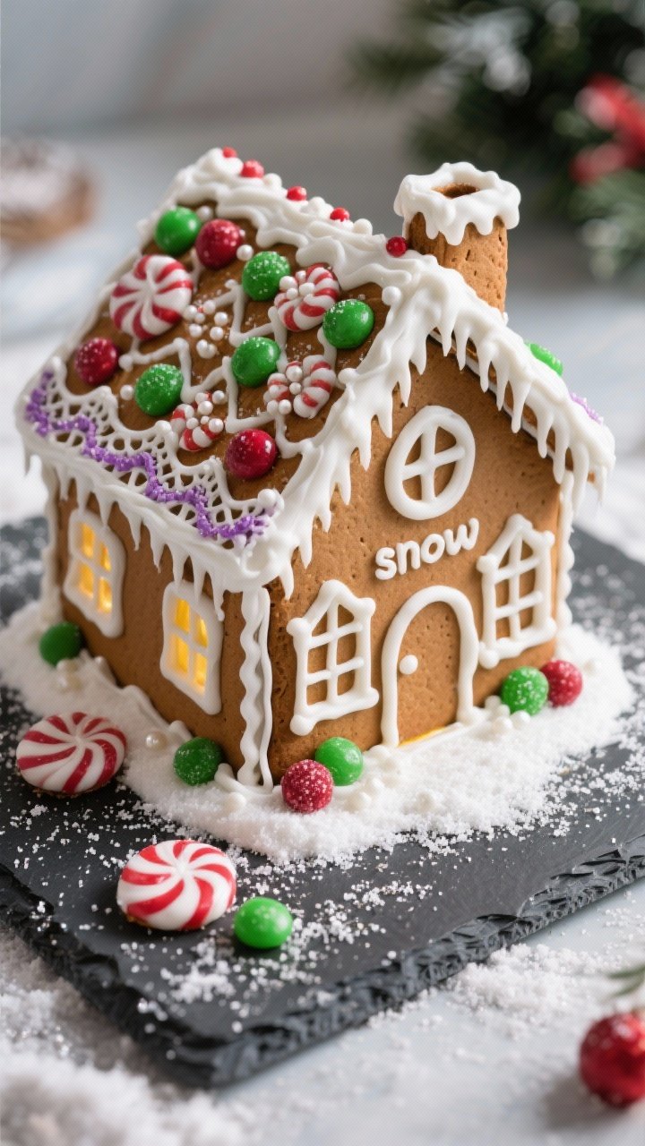 Tasty top view, final presentation: Overhead shot of a finished gingerbread house decorated with roy