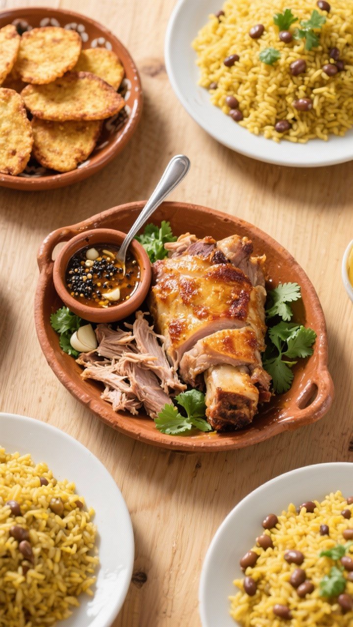 Tasty top view: Overhead family-style scene of pernil served with arroz con gandules and tostones; t