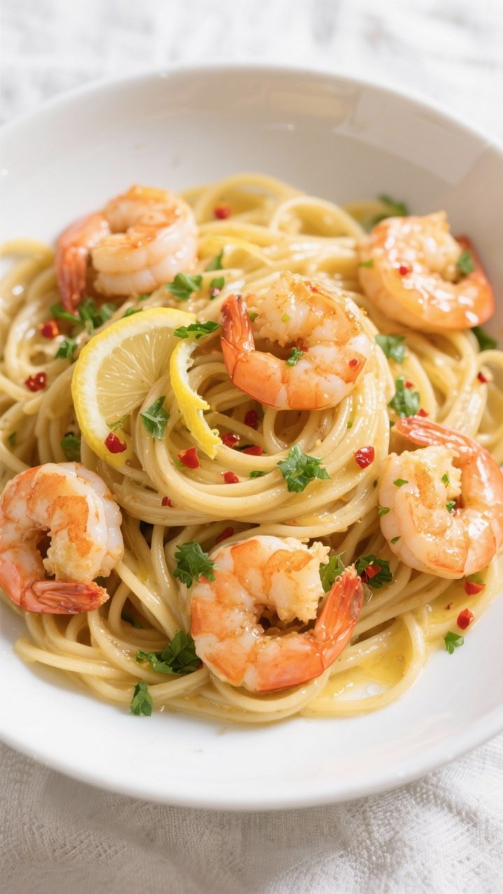 Tasty top view: Overhead shot of linguine tossed with shrimp scampi—glossy, emulsified butter-wine