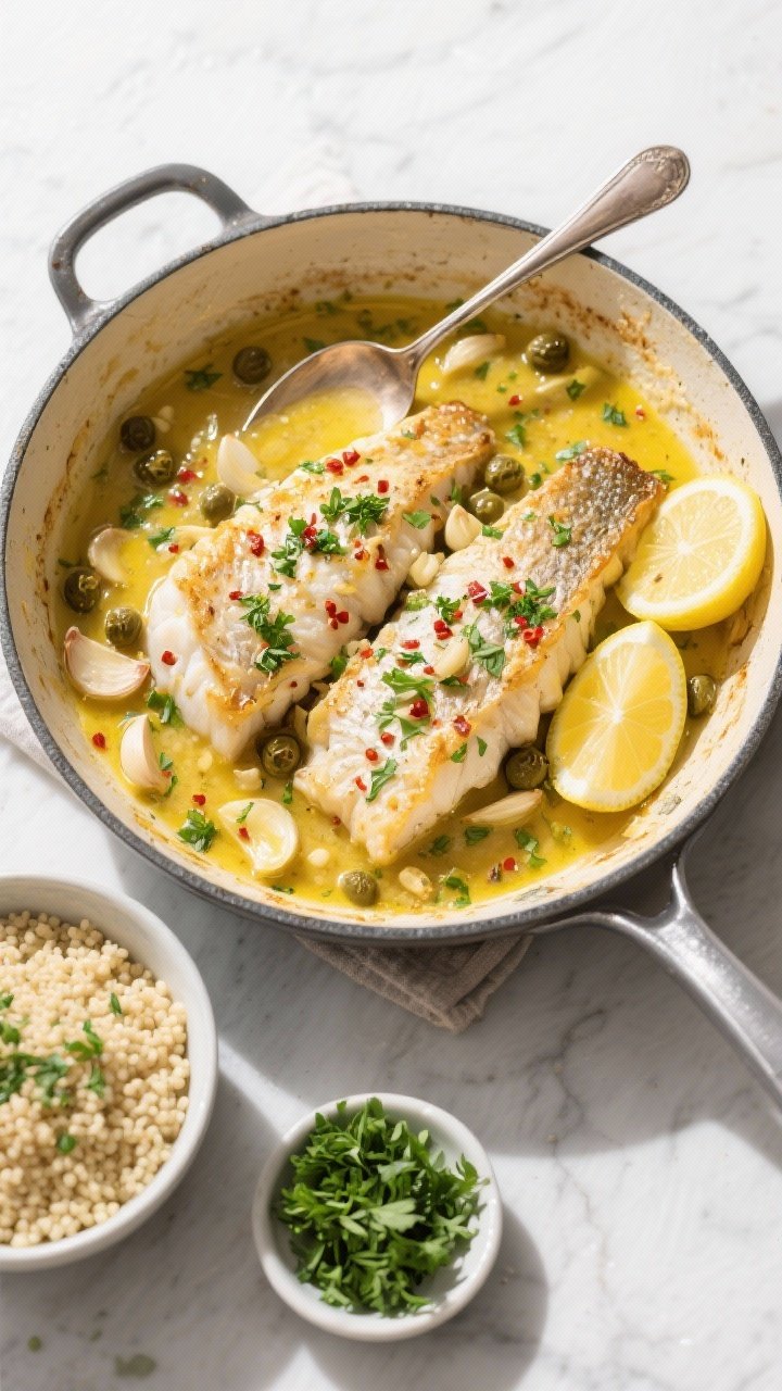 Tasty top view: Overhead shot of the finished lemon garlic baked cod served family-style in the pan,