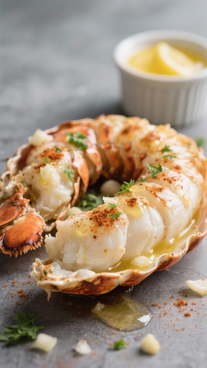 Close-up detail: Butter garlic lobster tails just out of the broiler, meat butterflied and resting o