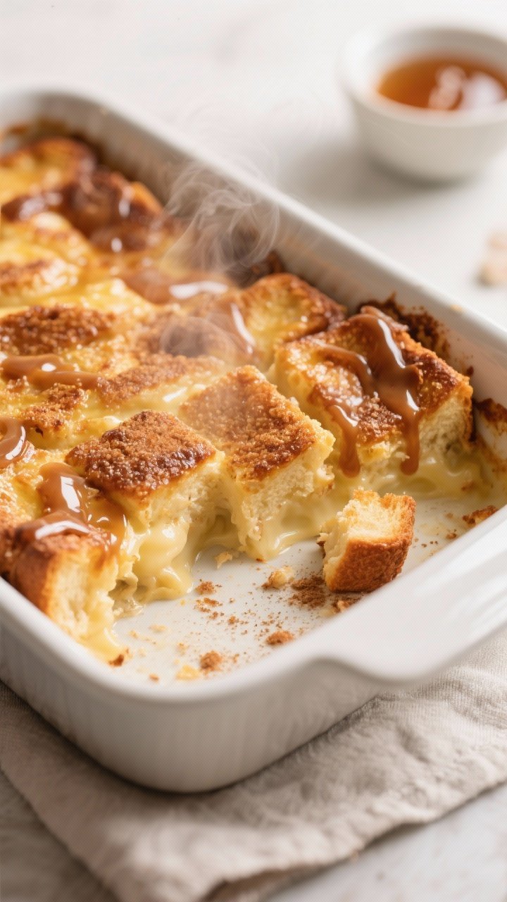 Close-up detail, cooking process: A 9x13-inch French toast casserole just out of the oven at 350°F,