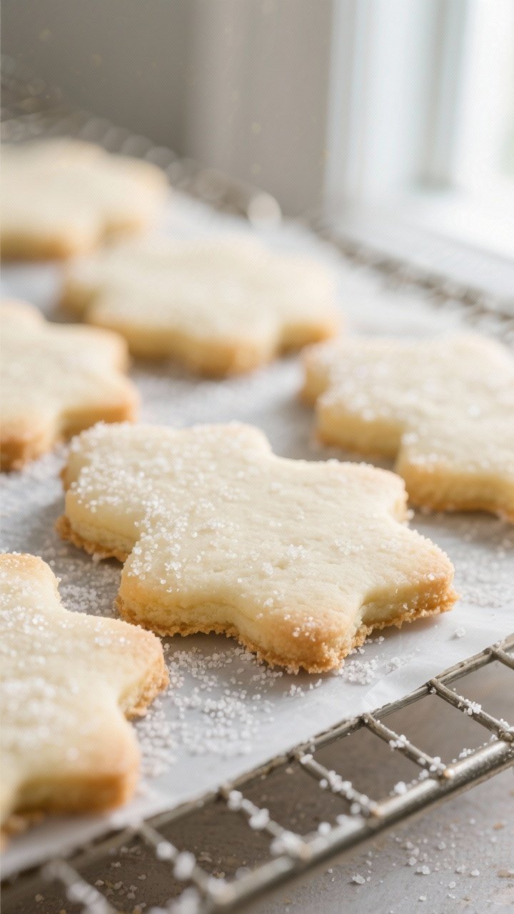 Close-up detail: Freshly baked sugar cookies cooling on a wire rack, soft and thick 1/4-inch cutouts