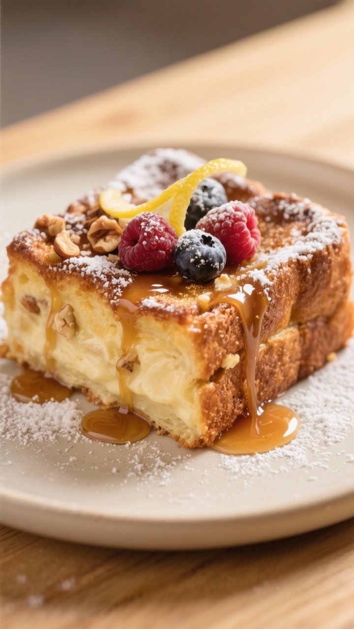 Close-up detail of a plated square of Overnight French Toast Casserole showing the creamy custard-li