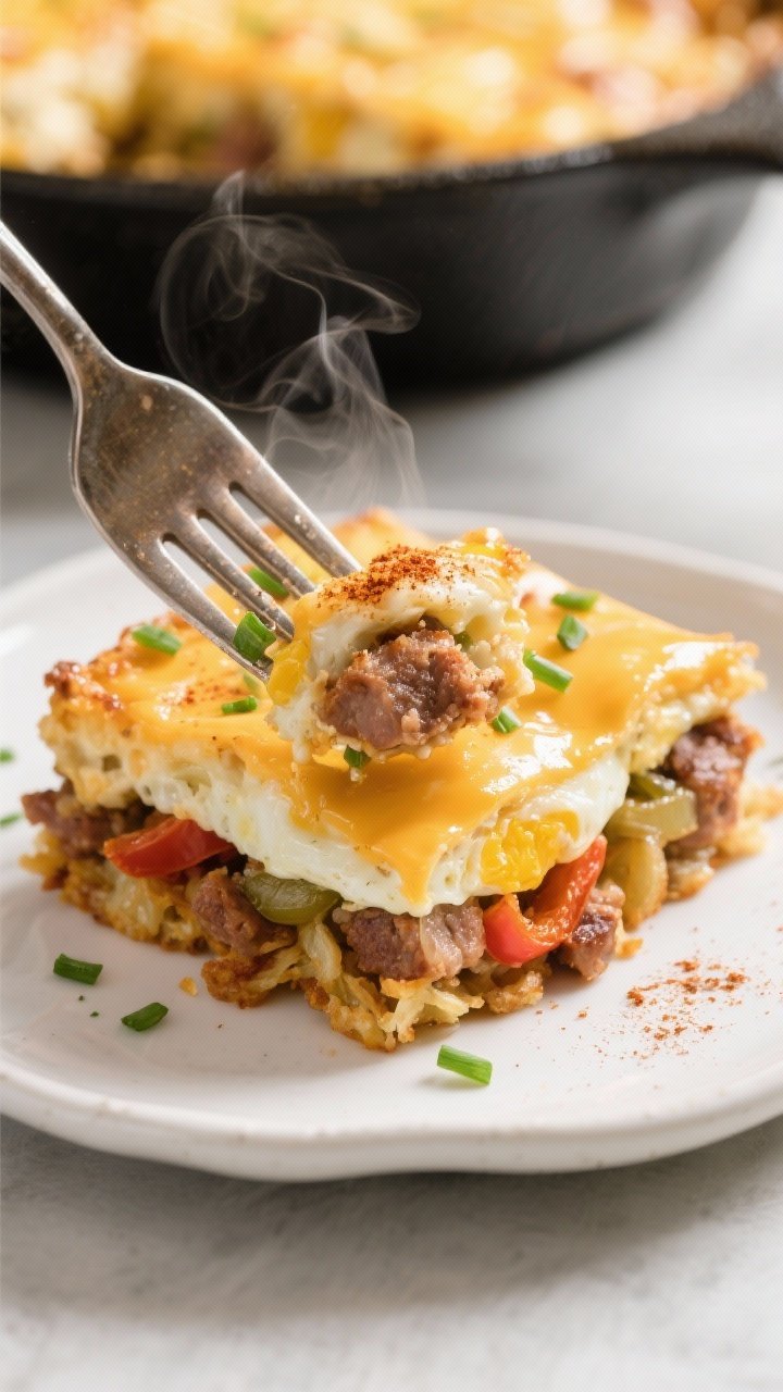 Close-up detail of a sliced square of the casserole on a white ceramic plate, highlighting the layer