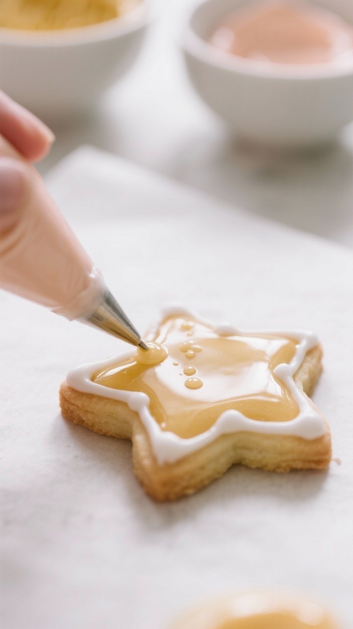 Close-up detail shot: A freshly iced sugar cookie being flooded with glossy, honey-flow consistency 