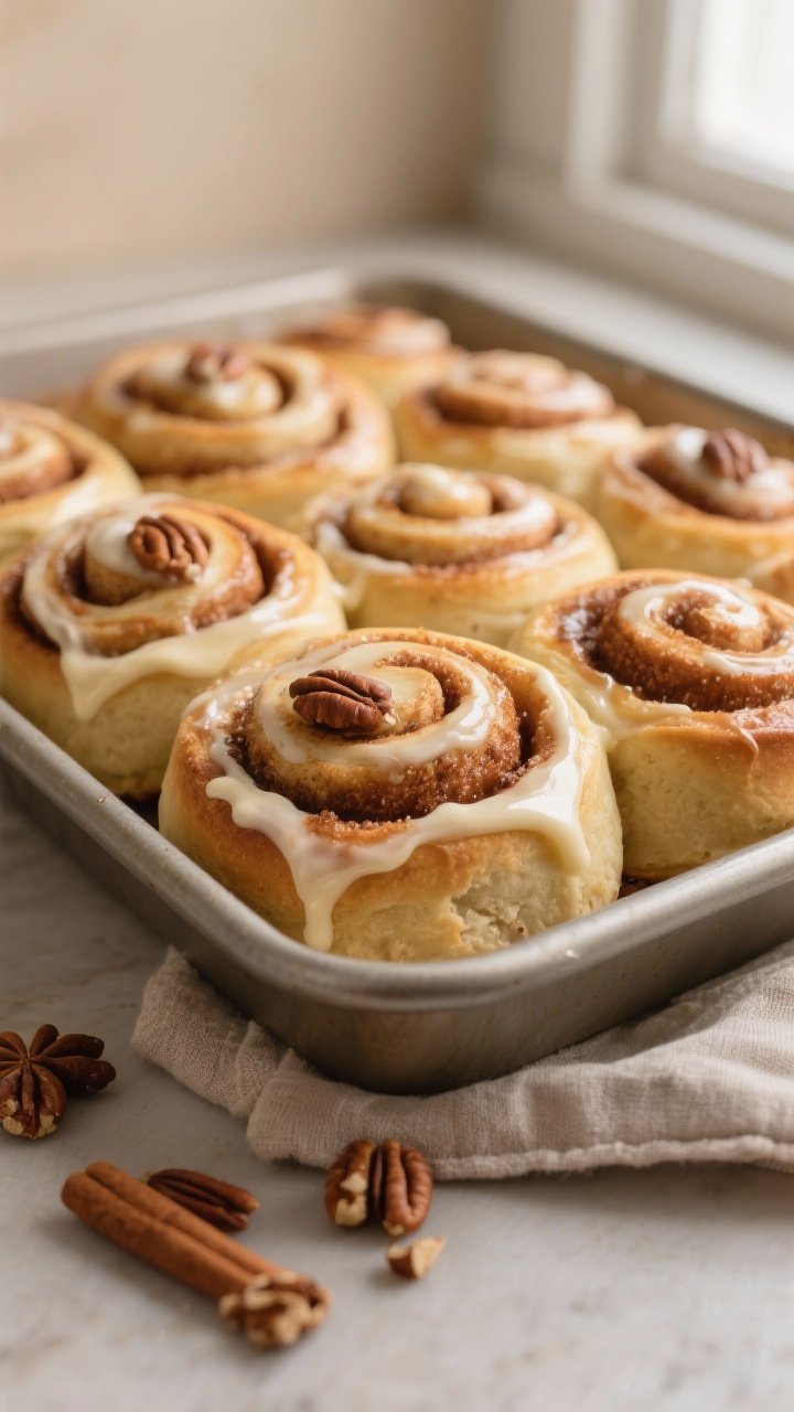 Close-up detail shot of freshly baked cinnamon rolls just out of the oven, lightly golden tops with