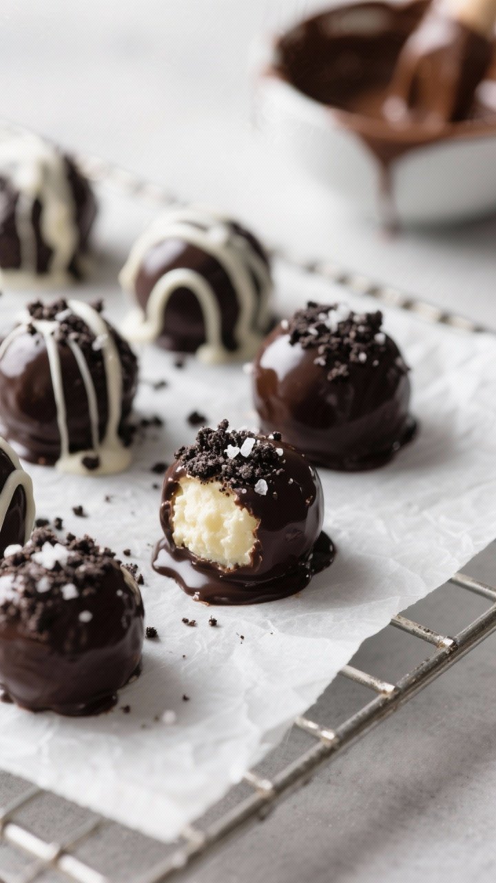 Close-up detail shot of freshly dipped Oreo Balls resting on parchment, glossy dark chocolate coatin