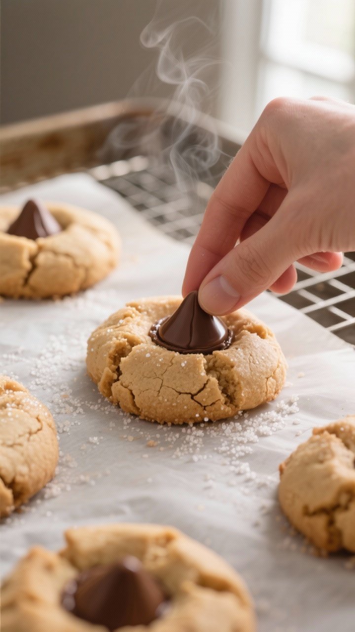 Close-up process shot: Freshly baked peanut butter blossom cookies just out of the oven on a parchme