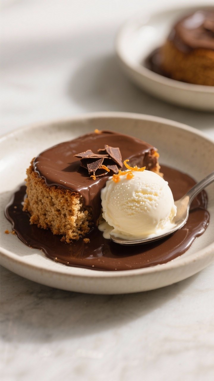 Close-up, three-quarter angle of a plated serving of Magic Weet-Bix Pudding Cake in a shallow bowl: 