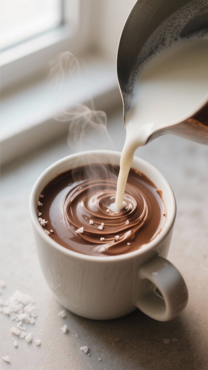 Cooking process close-up: A steaming mug being filled as silky, frothy warm milk is whisked into a g