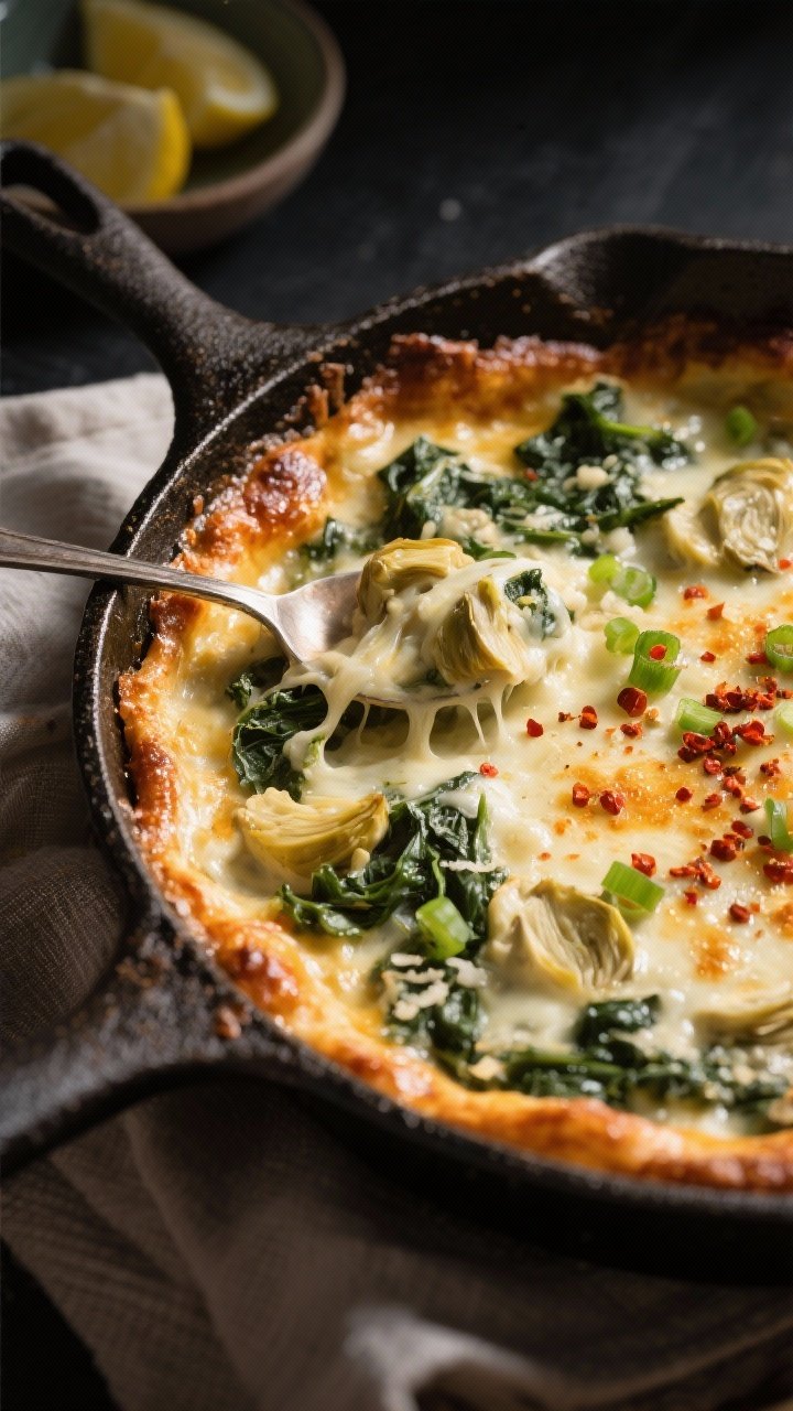 Cooking process, close-up detail: Cast-iron skillet of spinach artichoke dip just out of the oven, e