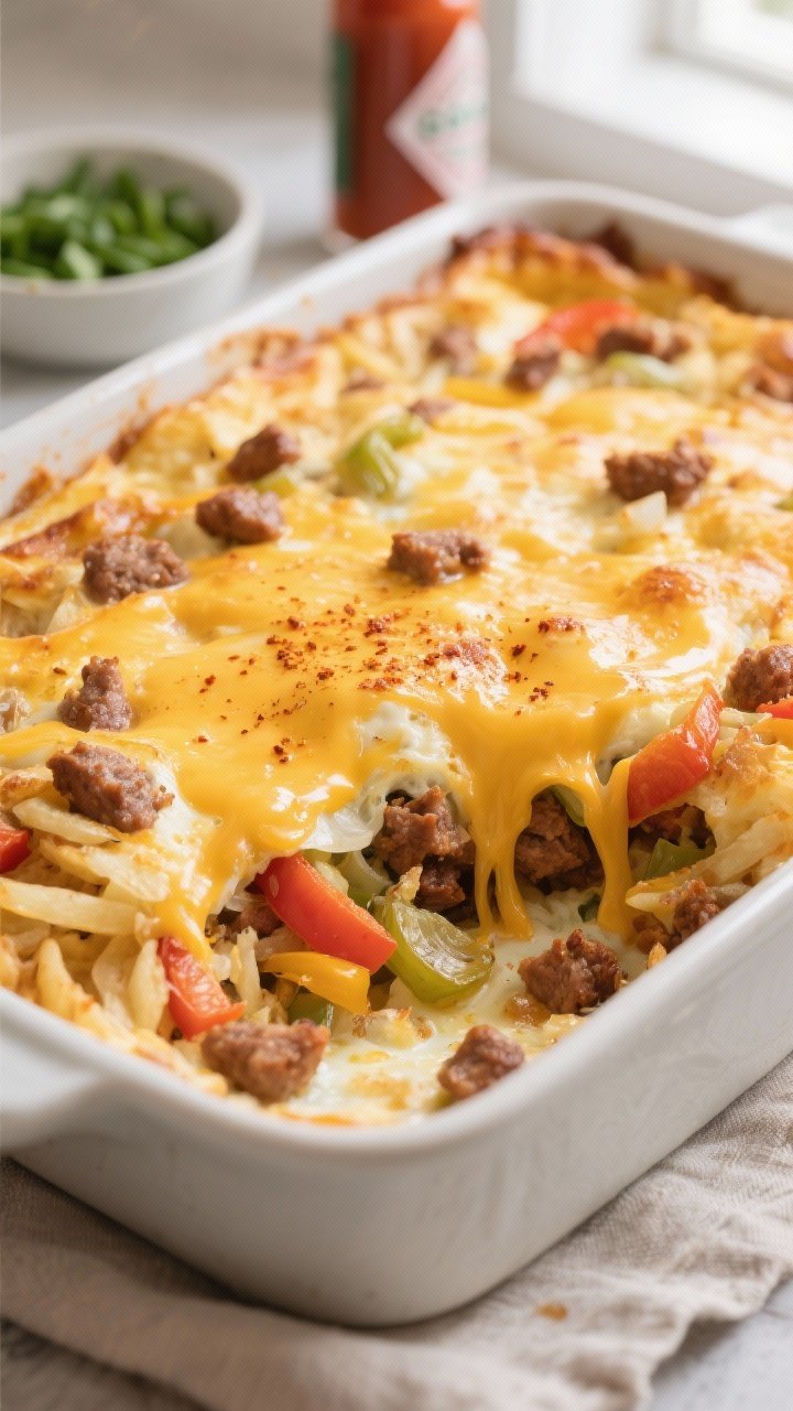 Cooking process, close-up detail: Close-up of a golden, bubbling breakfast casserole just pulled fro