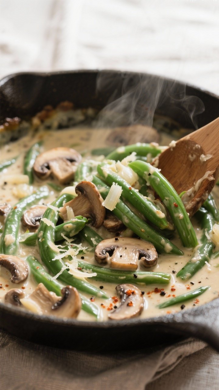 Cooking process, close-up detail: Creamy green bean casserole being folded together in a large skill