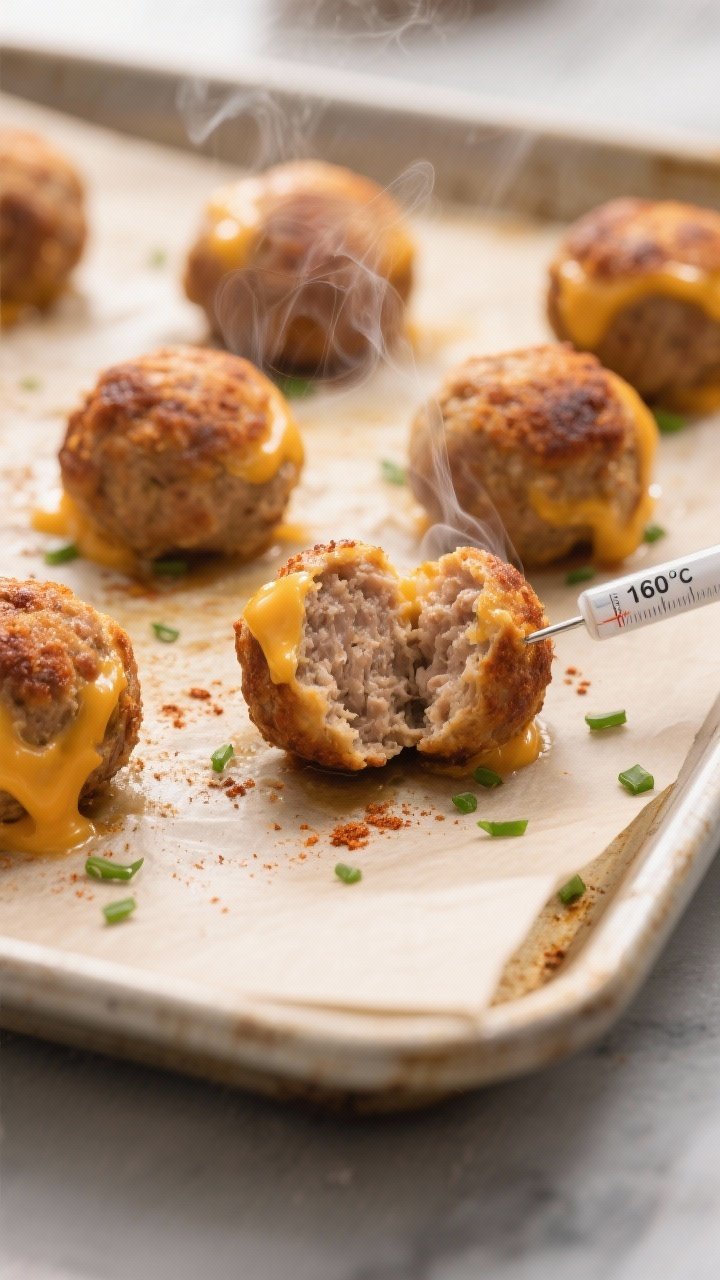 Cooking process, close-up detail: Golden-brown sausage balls just out of the oven on a parchment-lin