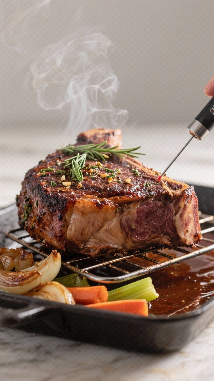 Cooking process, close-up detail: Prime rib roast during the high-heat finish, close-up of the deepl